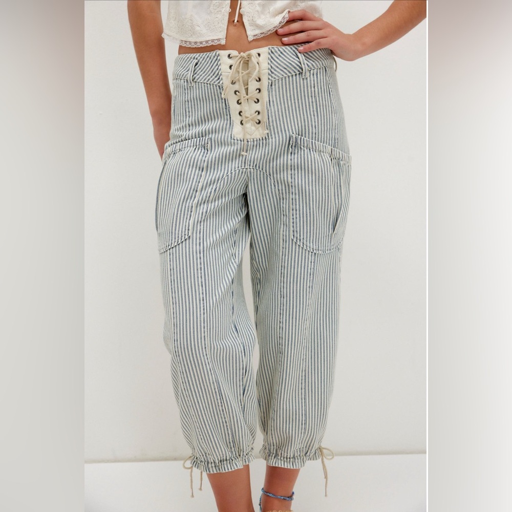 NWT Free People We The Free Smooth Sailing Striped Lace-Up High-Waist Jeans 32